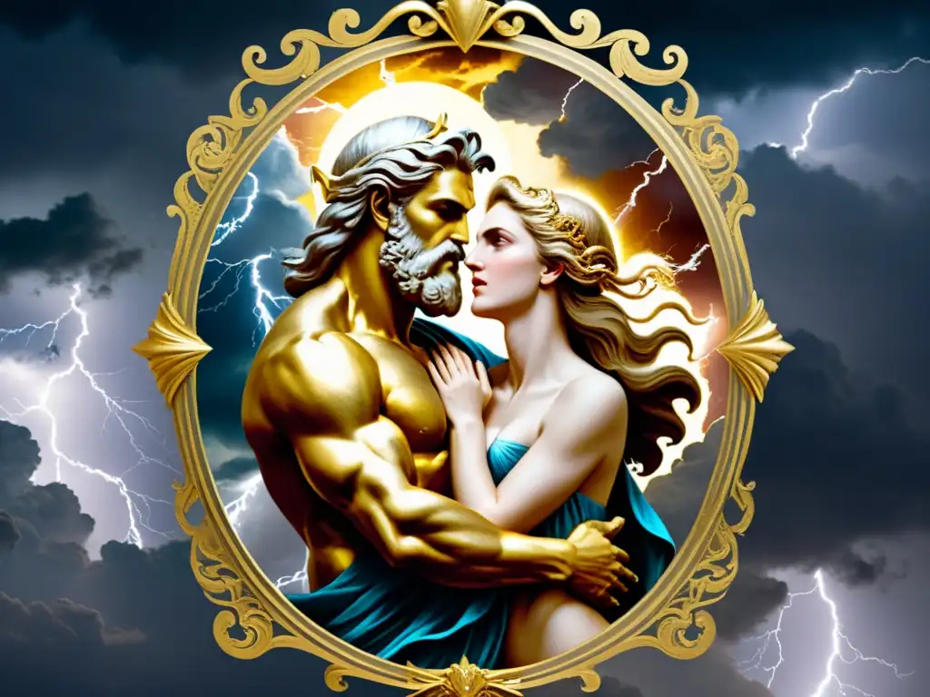 Zeus en un abrazo apasionado con una mujer mortal bajo cielos tormentosos y relámpagos