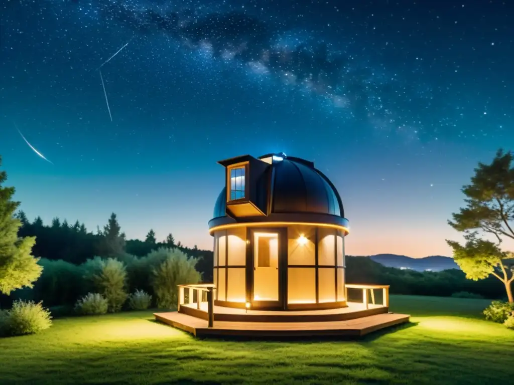 Acogedor observatorio personal con redes sociales, telescopio y cielo estrellado, rodeado de vegetación exuberante y luces brillantes