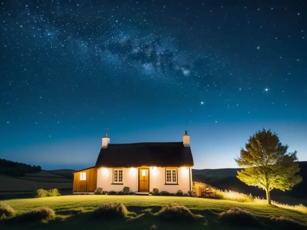 Una acogedora cabaña iluminada por estrellas en un paisaje nocturno, evocando un diseño de iluminación amigable con las estrellas