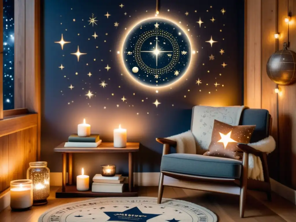 Acogedora habitación vintage con decoración celestial, velas aromáticas inspiradas en constelaciones y detalles astronómicos