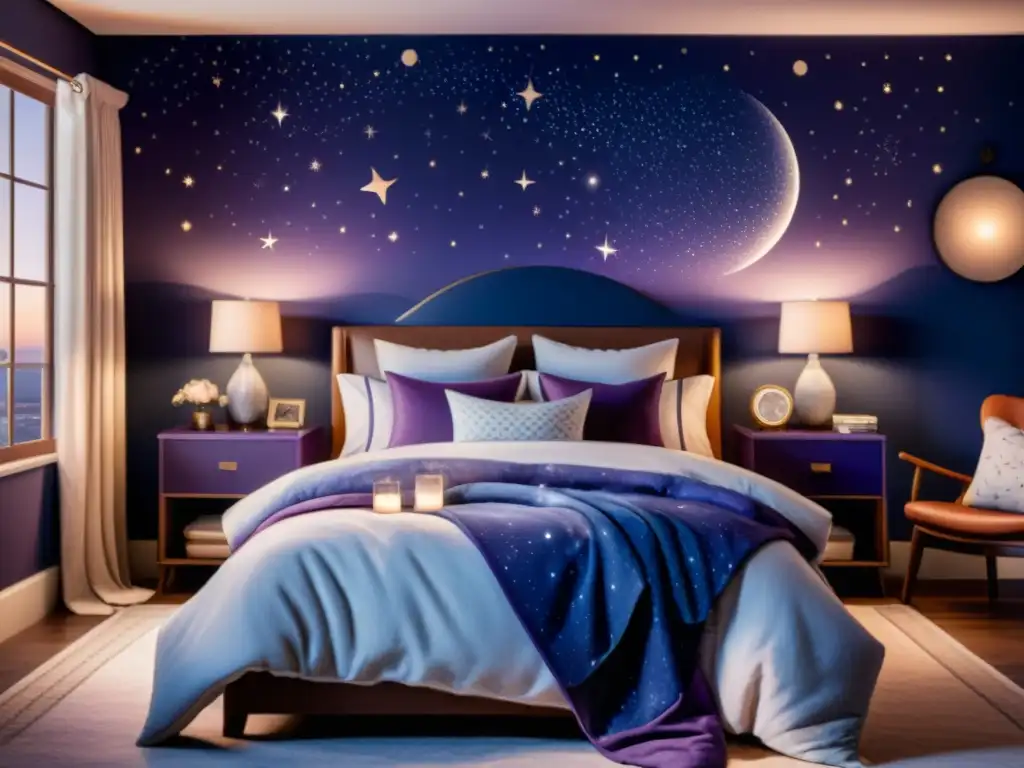 Acogedora habitación con ropa de dormir con patrones astronómicos, cama celestial y atmósfera tranquila en tonos azules y morados