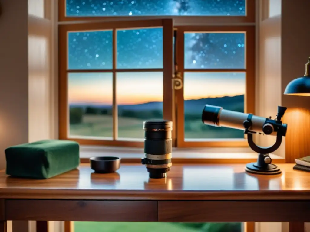 Adaptadores TRing para Astrofotografía: Ambiente nostálgico con cámara y telescopio vintage en una mesa de madera, iluminados por luz natural