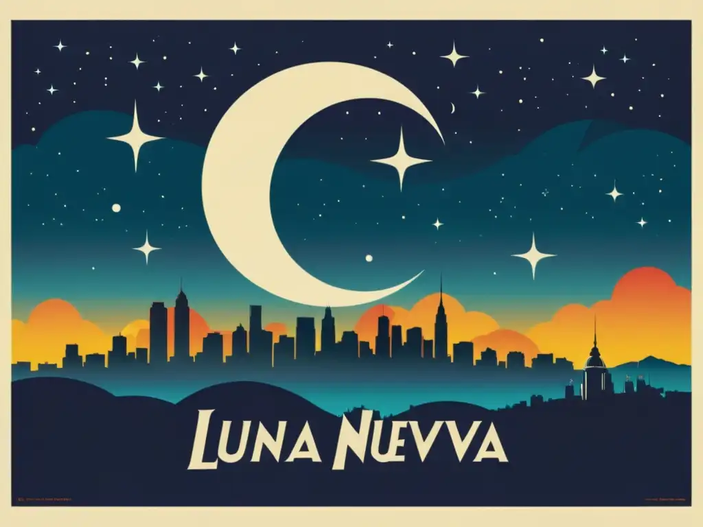 Un afiche de película vintage con un paisaje urbano bajo una media luna