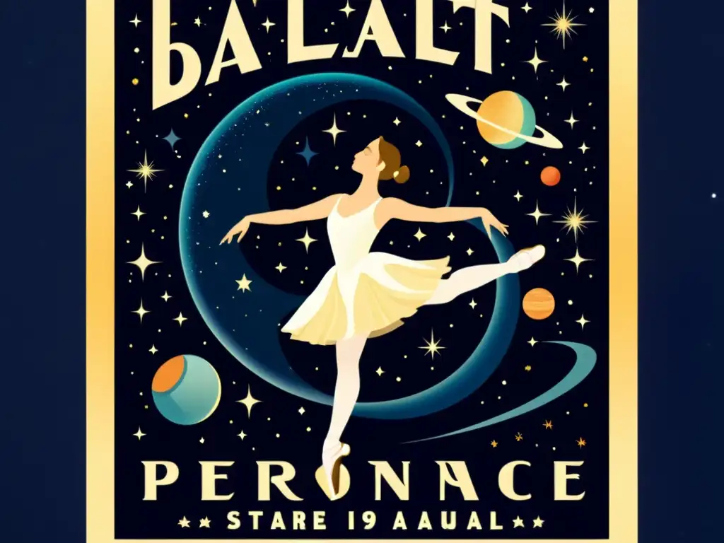 Un afiche vintage promocionando un ballet inspirado en el sistema solar