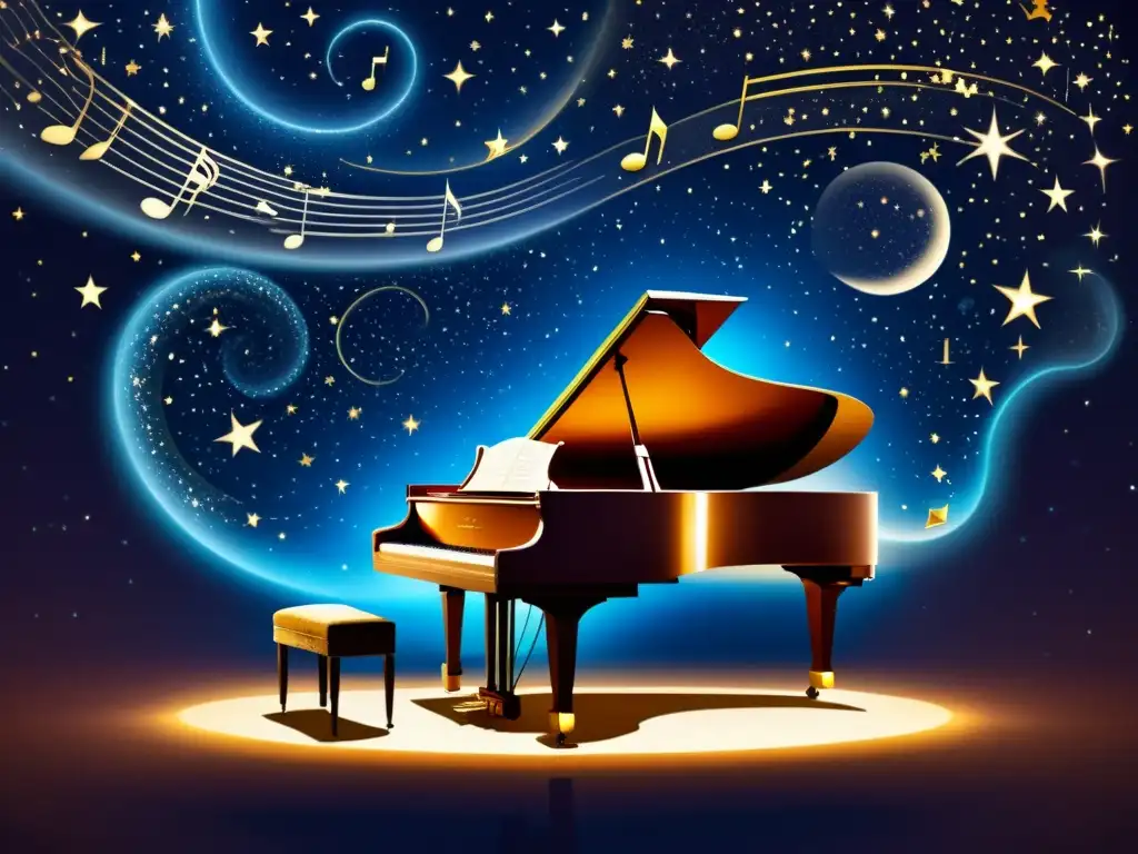 Piano cósmico: constelaciones y notas musicales en el firmamento Un afiche vintage de un cielo nocturno lleno de constelaciones, con un gran piano flotando entre las estrellas, emitiendo notas musicales que bailan alrededor de los cuerpos celestes