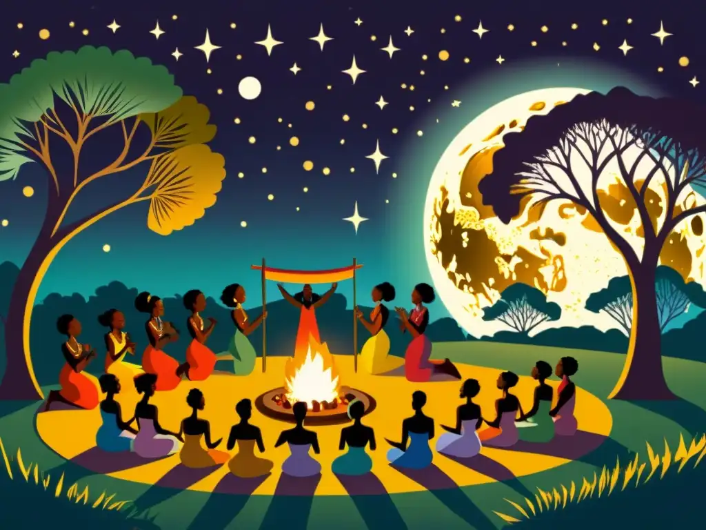 Celebración africana bajo la luna llena: significado espiritual de los ciclos lunares en rituales coloridos y danzas ceremoniales