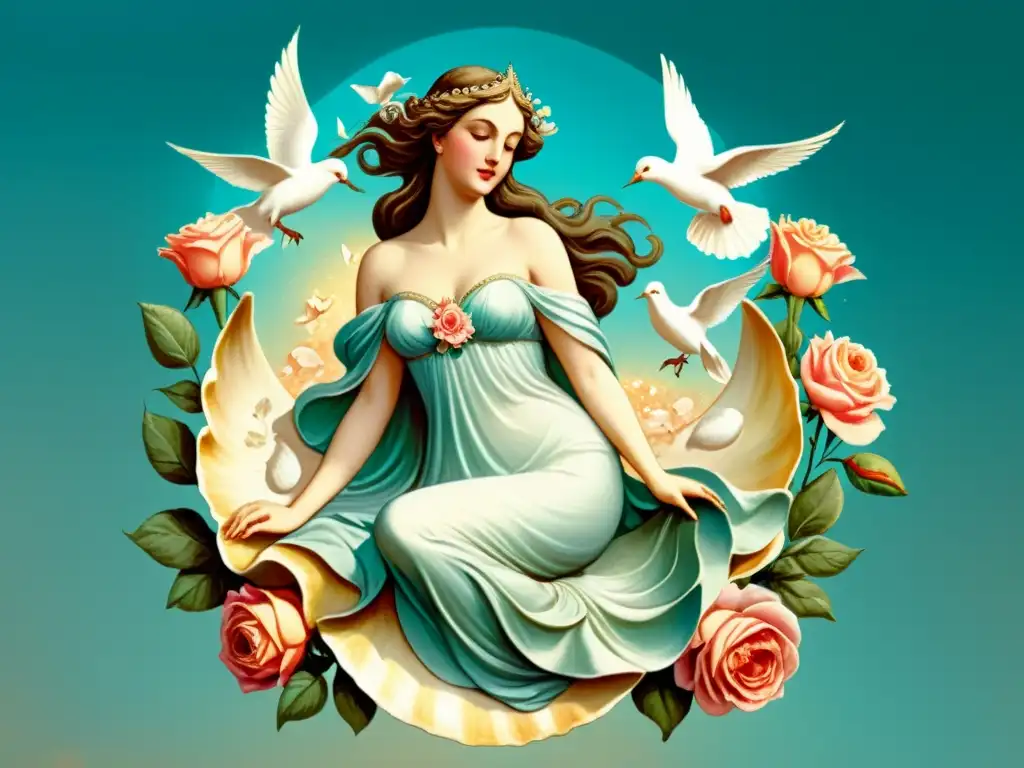 Afrodita en concha: ilustración vintage de la diosa del amor y la belleza Afrodita emerge de una concha rodeada de palomas y rosas en una ilustración vintage, evocando mitología y belleza mortal