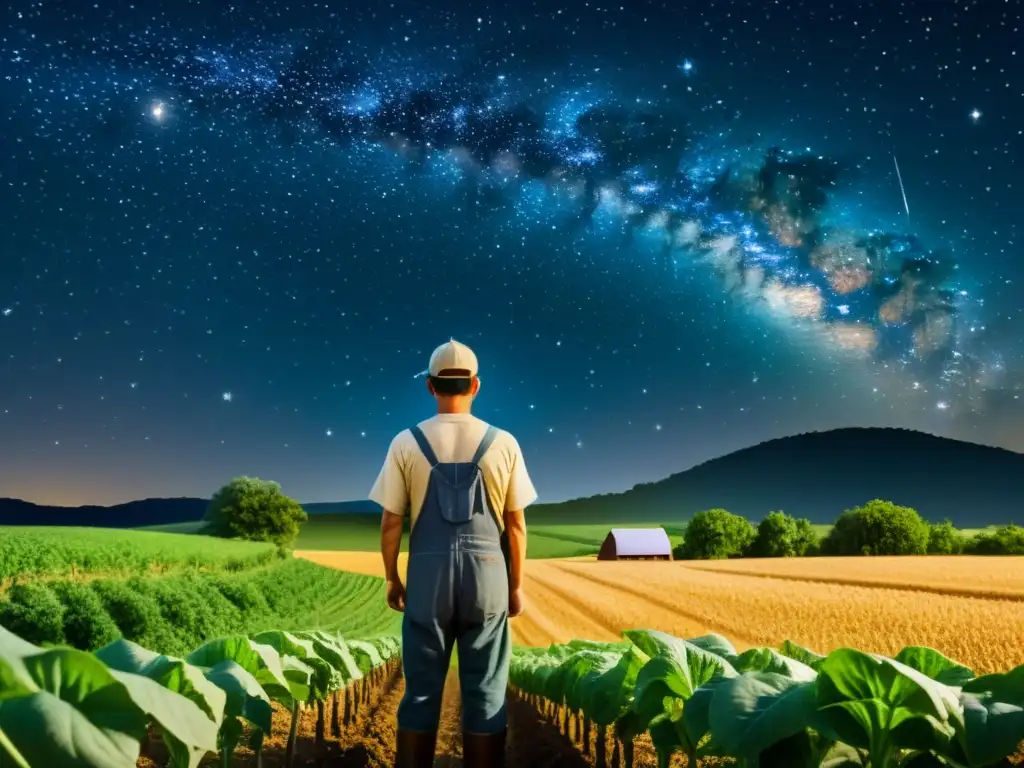 Un agricultor cuida de sus cultivos bajo un cielo estrellado, con constelaciones brillantes