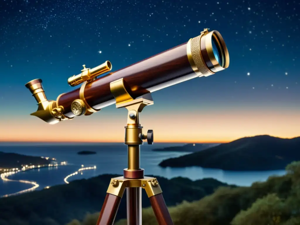 Configurar alertas personalizadas apps estelares: ilustración vintage de un telescopio en un cielo estrellado, evocando exploración atemporal