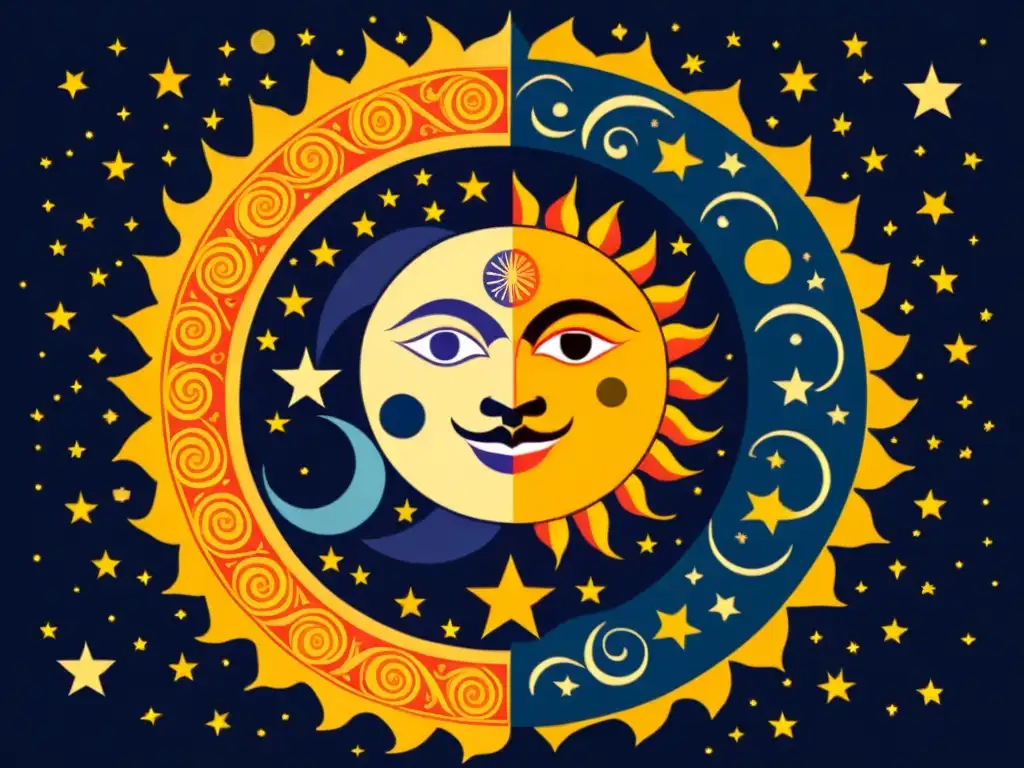 Una ilustración vintage de la alineación del sol, la luna, Rahu y Ketu, evocando la mitología y astronomía de los eclipses en India