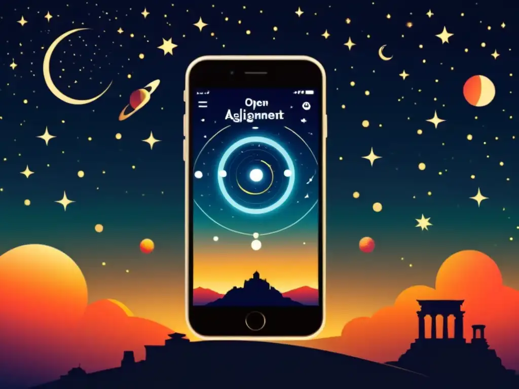 Preparación alineaciones planetarias apps: Ilustración vintage de app celestial mostrando planetas y estrellas en el cielo nocturno con ruinas antiguas en silueta