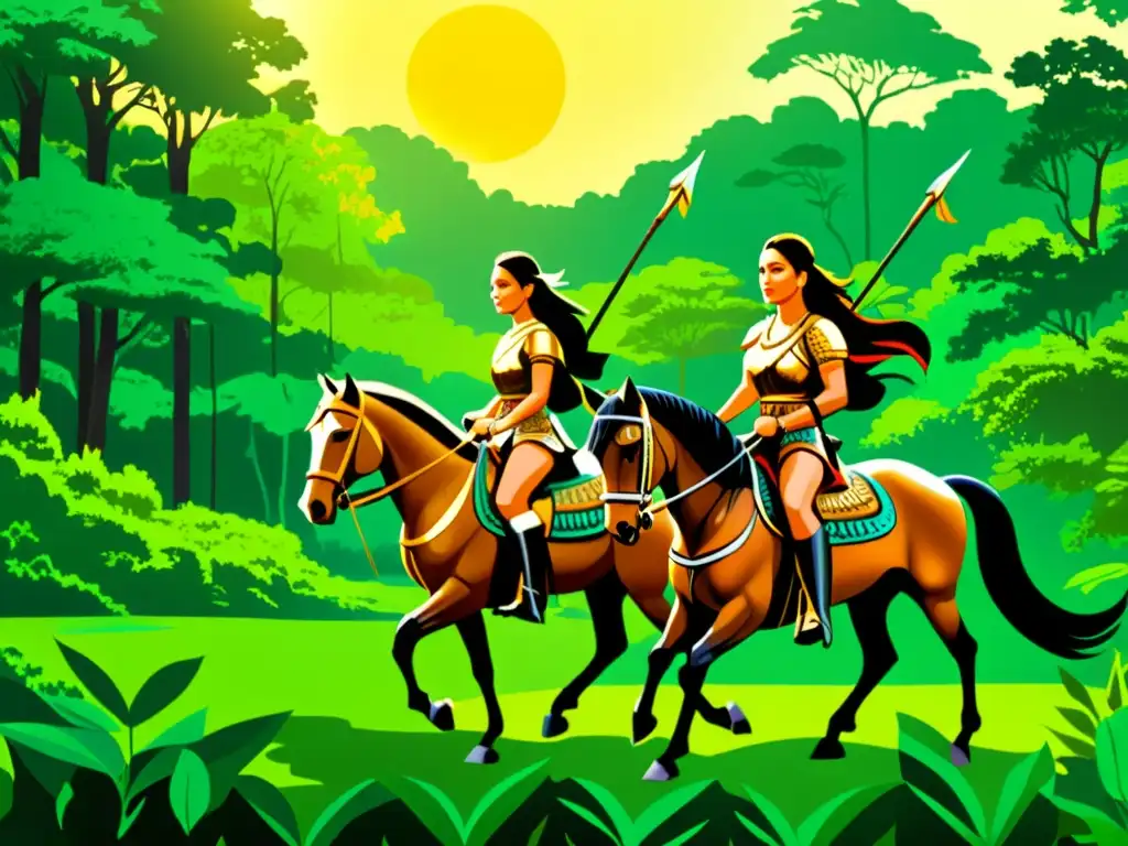 Las Amazonas en la mitología griega: Ilustración vintage de guerreras montando a caballo en un exuberante bosque, exudando fuerza y determinación