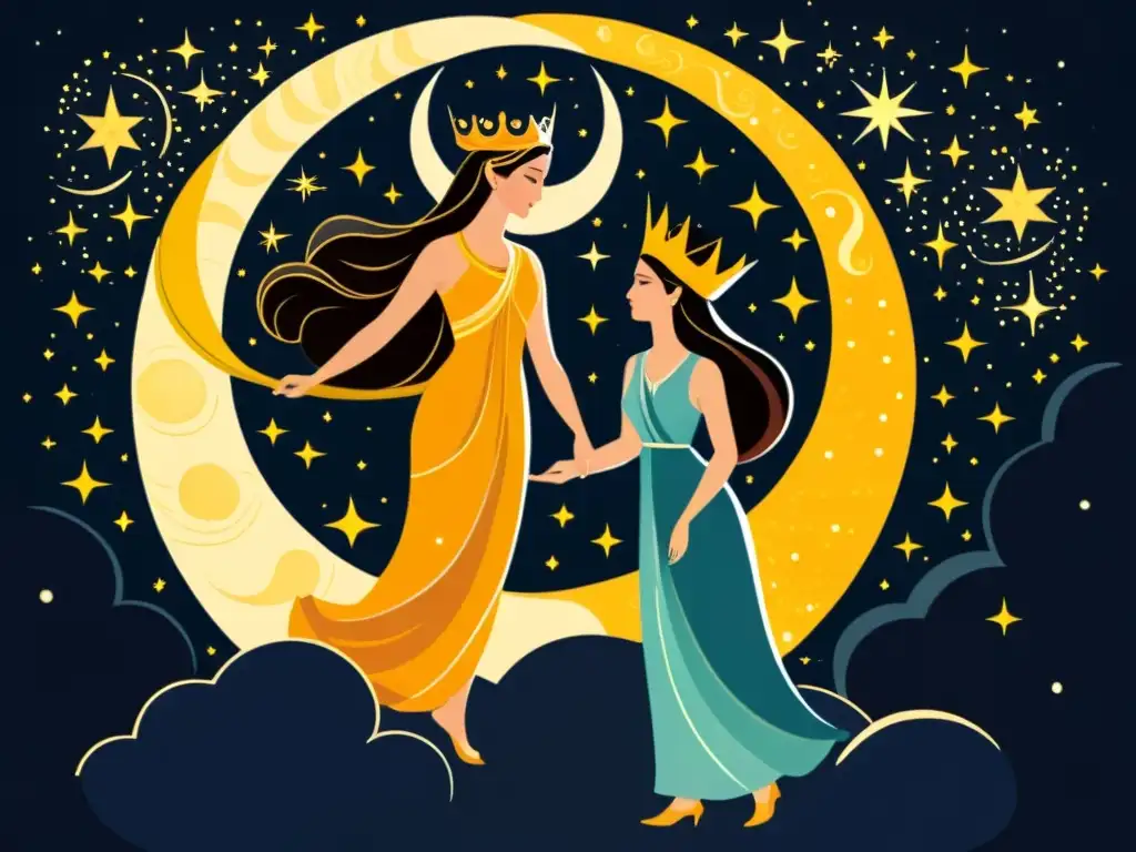 Amores celestiales Cartagineses en ilustración vintage de Tanit y Baal Hammon bajo un cielo estrellado, evocando mitología y romance cósmico