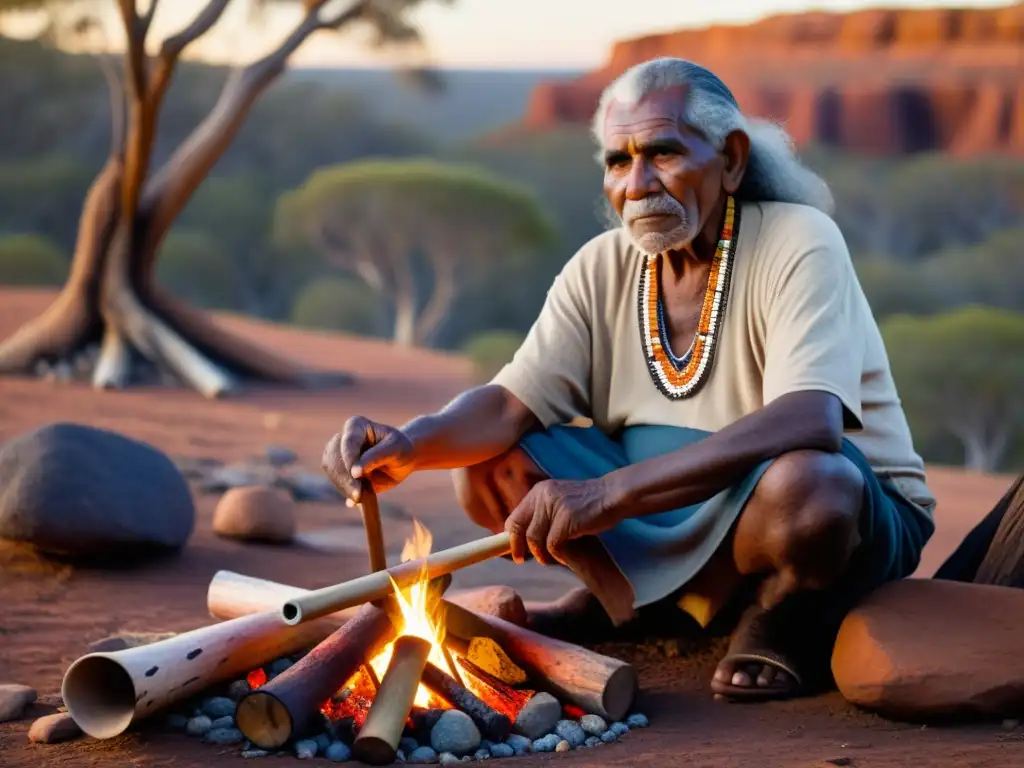 Un anciano aborigen comparte tradiciones alrededor del fuego, evocando la comparativa mitología griega tradiciones aborígenes