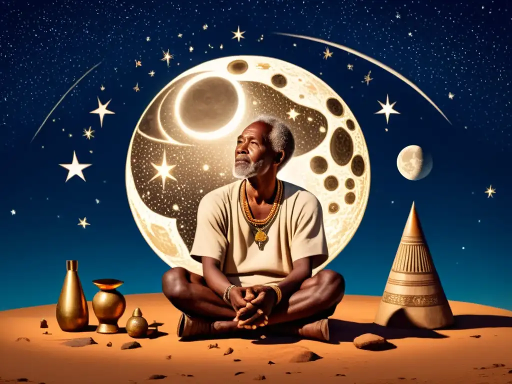 Un anciano africano contempla símbolos astronómicos bajo el cielo nocturno, evocando interpretaciones tradicionales africanas fenómenos astronómicos