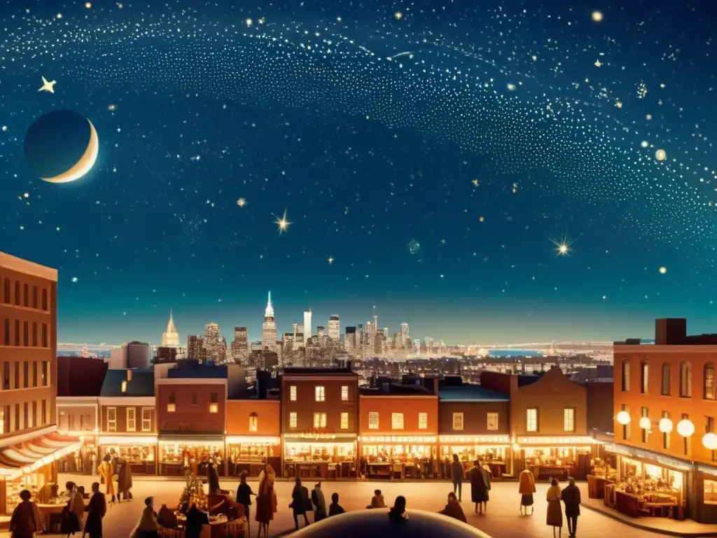 Una animada ciudad nocturna bajo la esfera celeste, enseñando la navegación celestial en un ambiente urbano