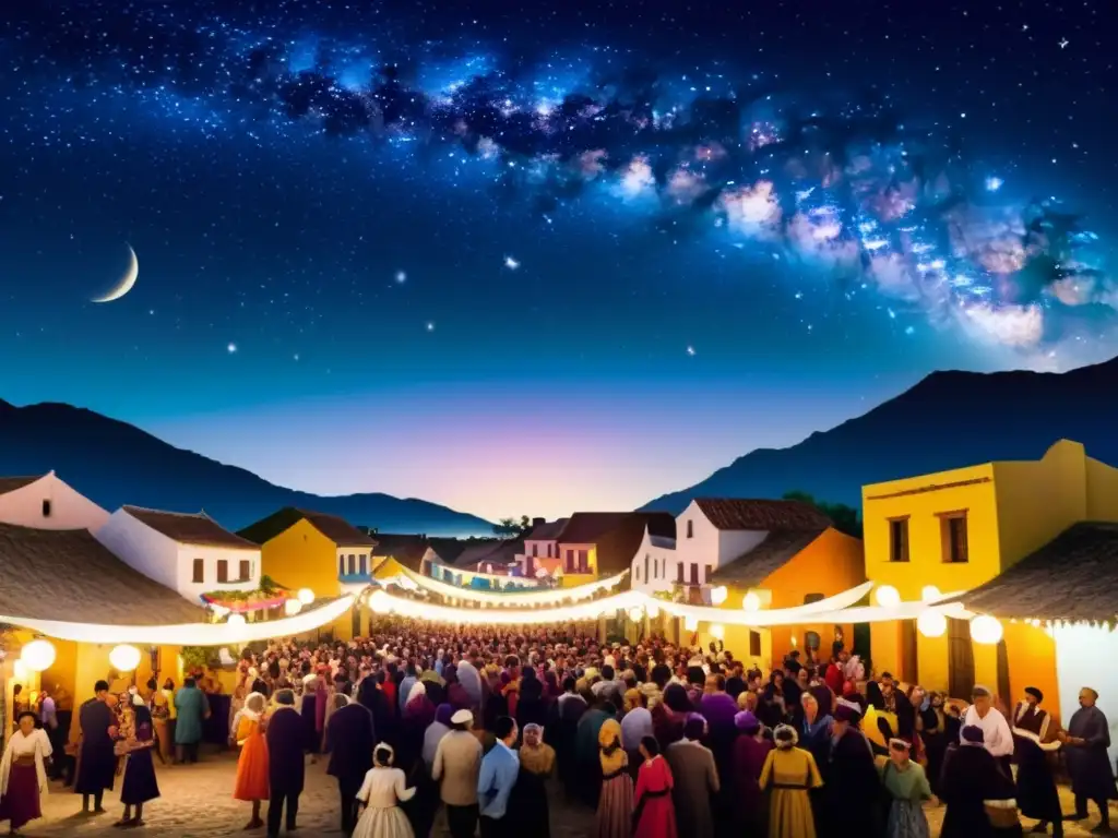 Una animada fiesta tradicional bajo la Vía Láctea llena de color y alegría en un pueblo vintage de noche