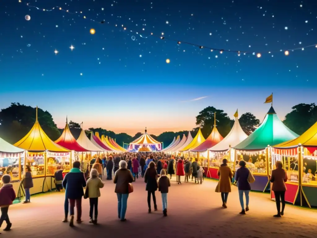 Un animado evento astronómico para niños en una feria vintage llena de magia y diversión bajo el cielo estrellado