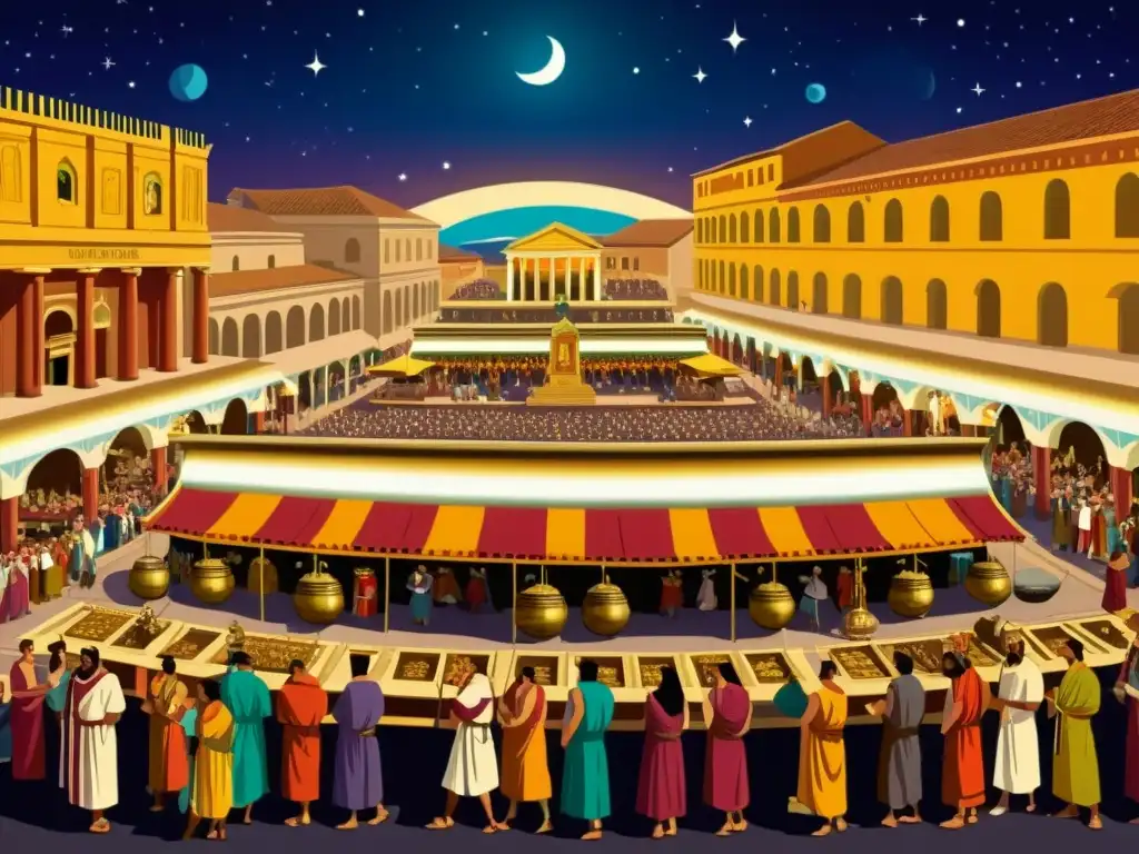 Animado mercado romano durante Saturnalia, con coloridas túnicas y festividades bajo la mirada de Saturno en el cielo nocturno