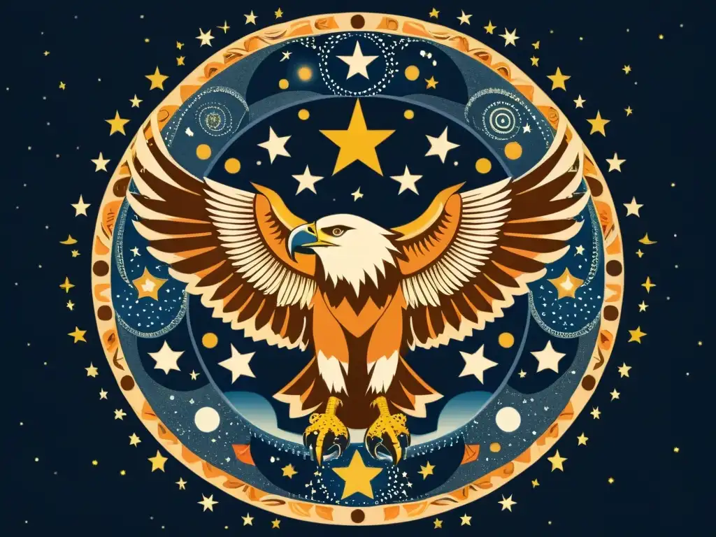 Un animal celestial nativo, como un águila majestuosa o un poderoso oso, rodeado de símbolos celestiales y constelaciones en una ilustración vintage