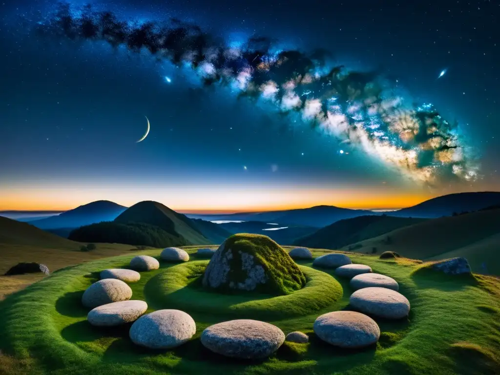 Antigua alineación de piedras con planetas visibles en el cielo nocturno, evocando fascinación por la alineación planetaria en la historia humana