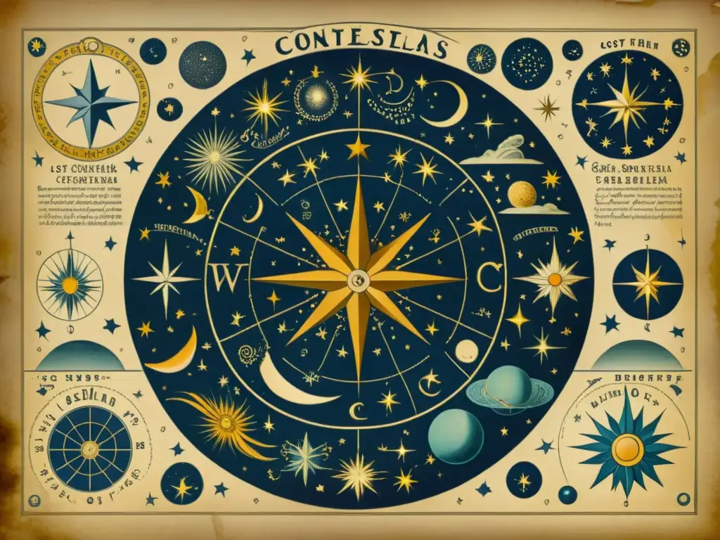 Antigua carta astral con constelaciones perdidas y criaturas míticas, evocando maravilla y misterio