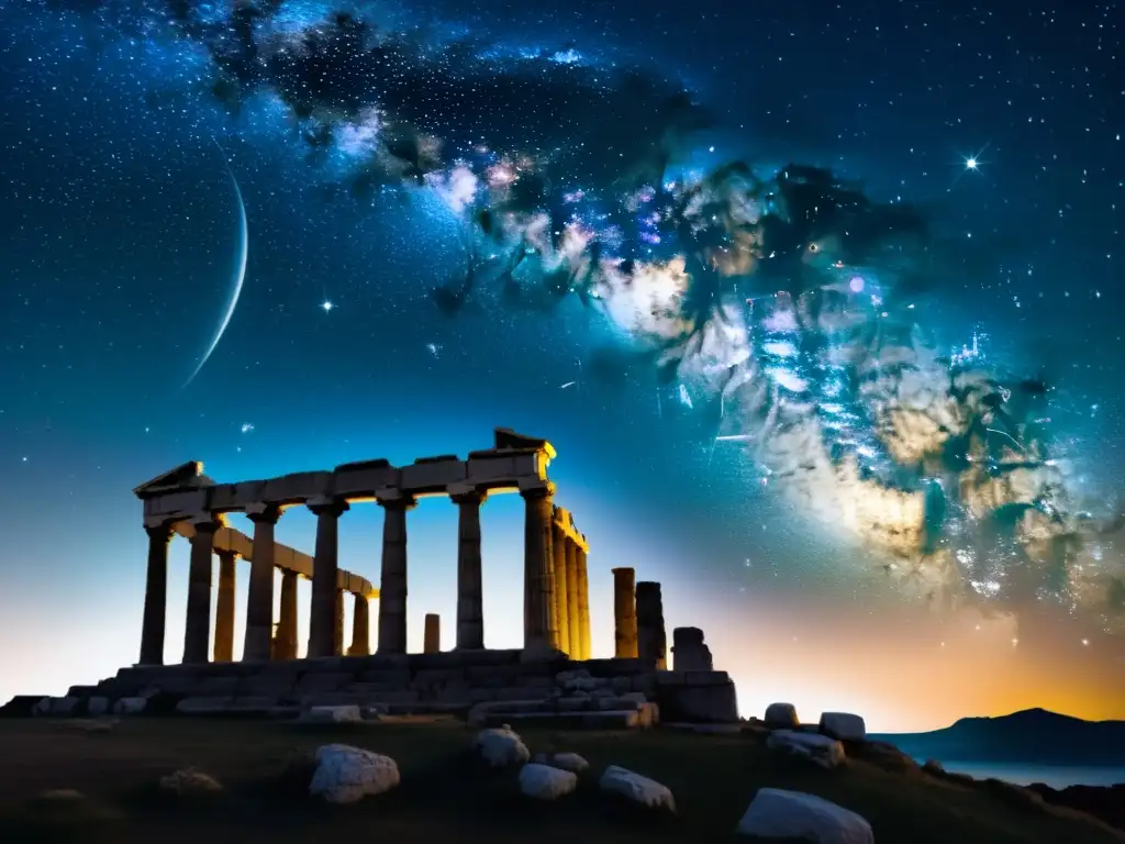 Antigua astronomía en Grecia: mitología de estrellas en ruinas griegas bajo la noche estrellada y la Vía Láctea, evocando misterio y asombro