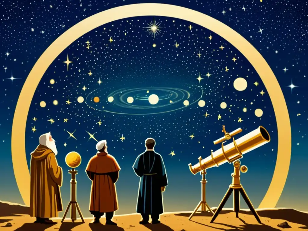 Antigua ilustración sepia de astrónomos observando alineación planetaria, con detalles celestiales y atmósfera de asombro y fascinación histórica