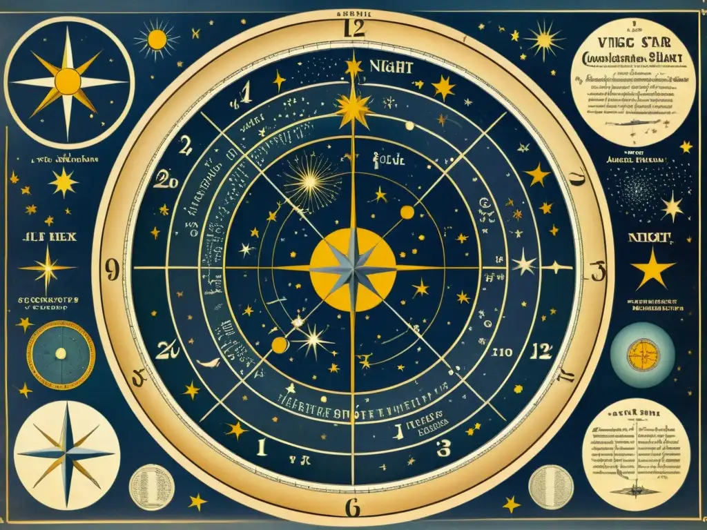 Una antigua carta estelar ilustra las constelaciones y su cambio en el cielo nocturno, rodeada de instrumentos astronómicos antiguos