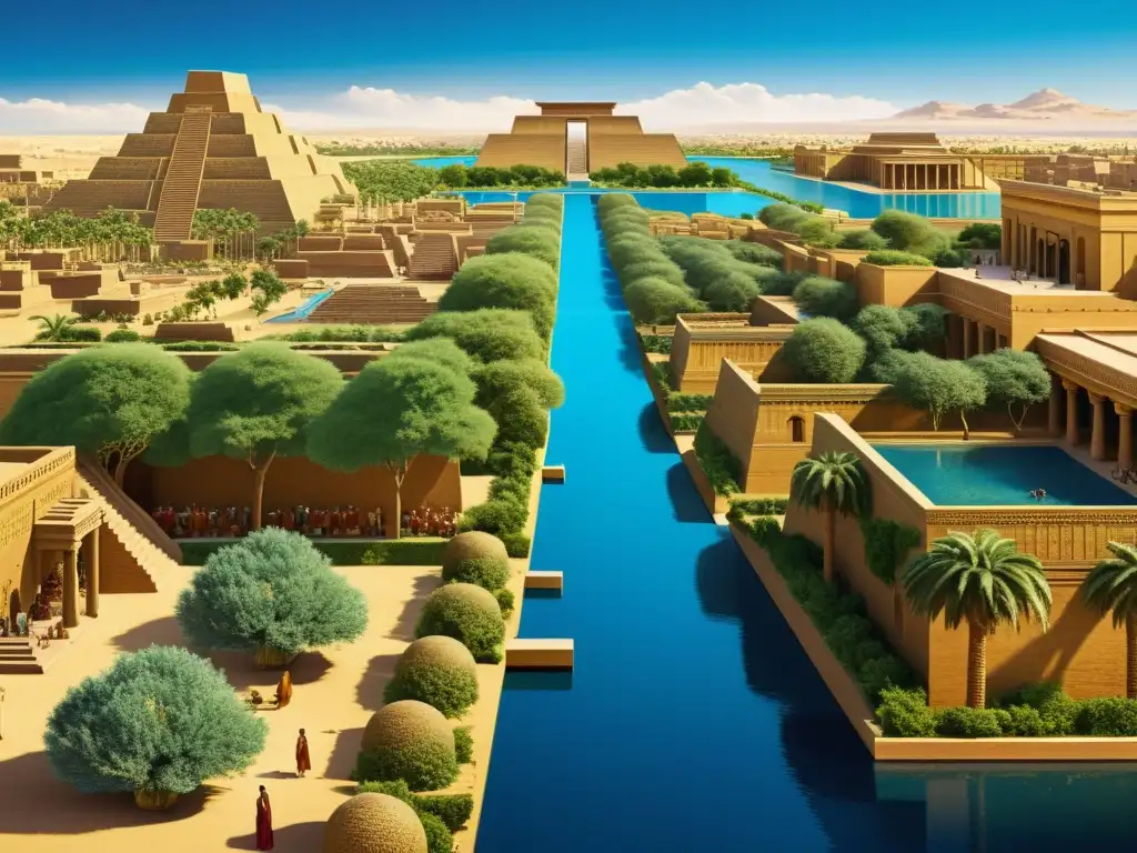Una ilustración vintage de la antigua ciudad de Babilonia, con sus calles bulliciosas, icónicos jardines colgantes y majestuosas estructuras bajo un cielo azul profundo