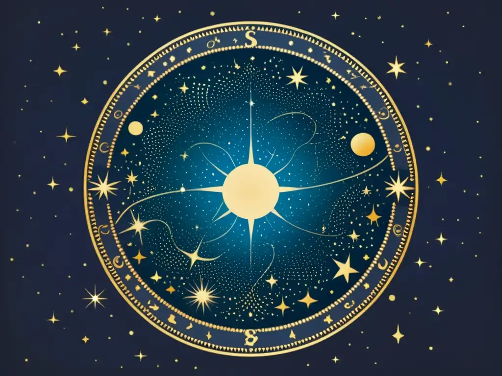 Antigua ilustración de la constelación de Scorpius con la brillante estrella Shaula, rodeada de símbolos mitológicos y motivos celestiales