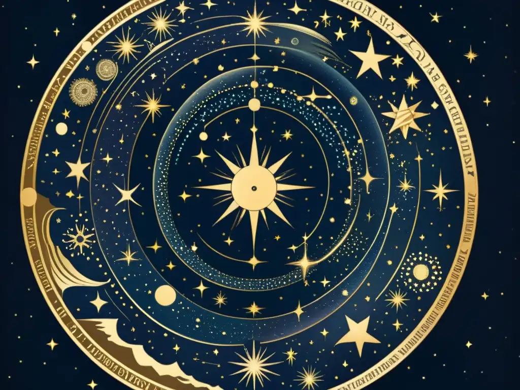 Antigua ilustración detallada del cielo nocturno con constelaciones zodiacales