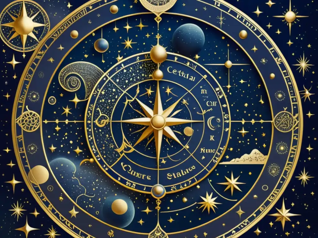 Antigua ilustración detallada de un mapa celestial con constelaciones y estrellas, enriquecido con detalles dorados y plateados sobre fondo índigo