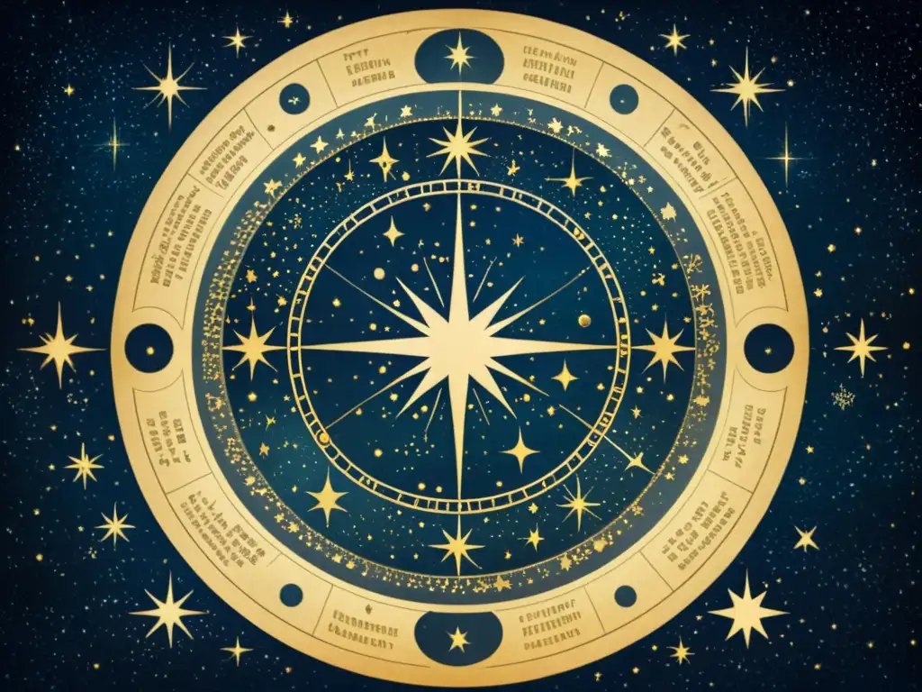 Una antigua ilustración detallada de un mapa estelar, con constelaciones e figuras celestiales contra un cielo nocturno