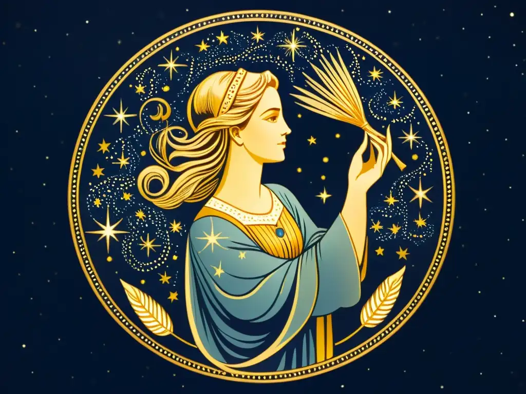 Una antigua ilustración detallada de la constelación Virgo, en un cielo estrellado