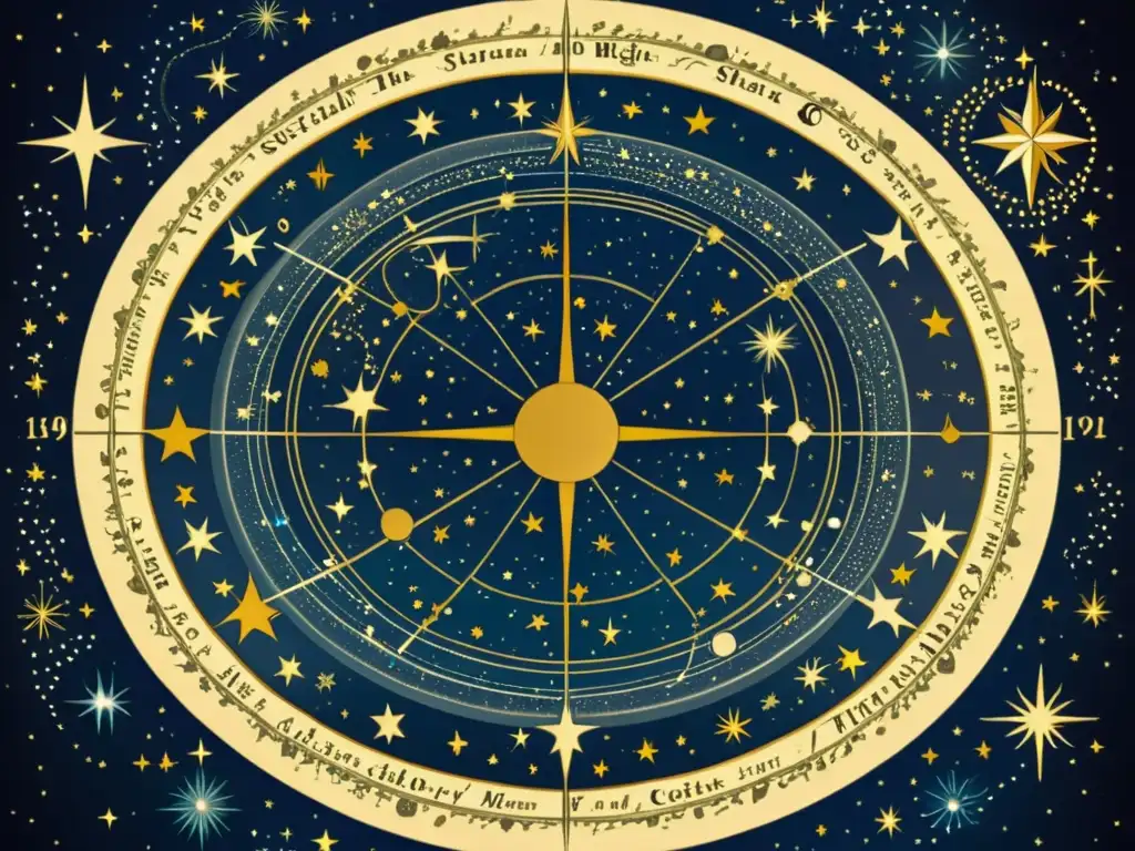 Antigua ilustración de un mapa celestial con el movimiento aparente de las constelaciones y las estrellas en el cielo nocturno