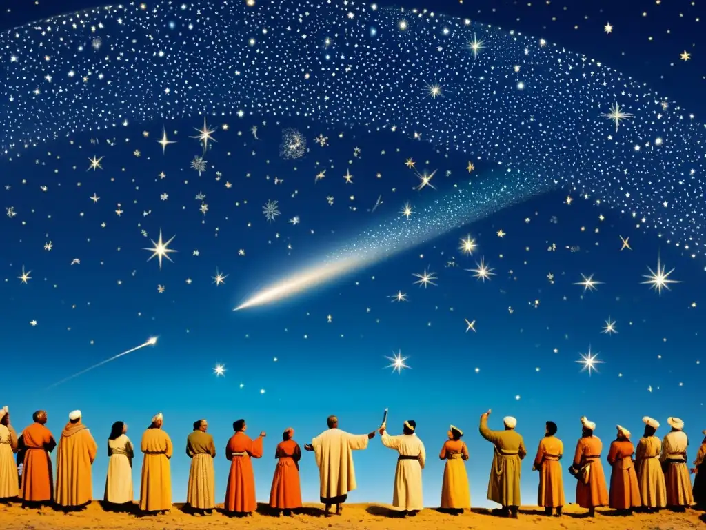 Antigua ilustración de personas admirando el cielo estrellado, influencia de las constelaciones festividades