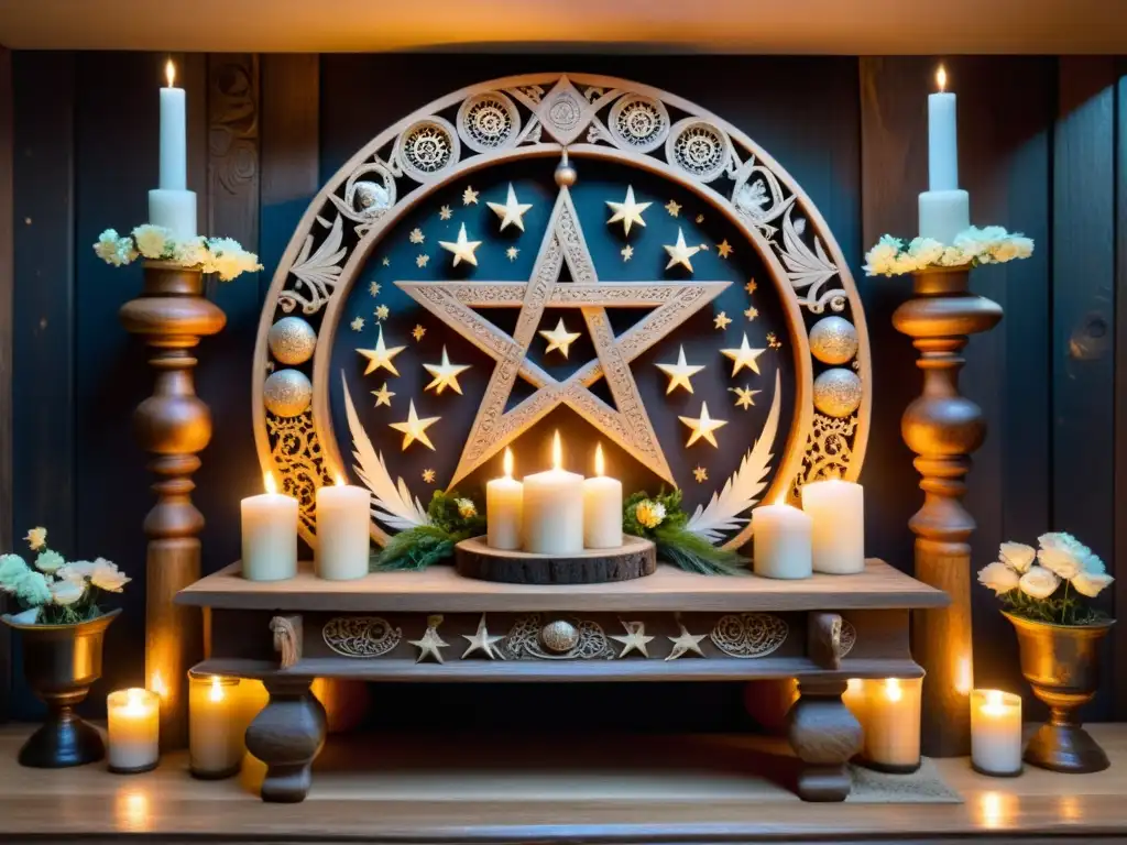 Un antiguo altar celestial tallado con símbolos celestiales, rodeado de ofrendas de flores, velas y plumas