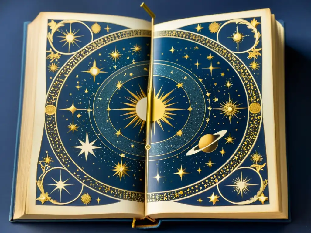 Antiguo atlas celestial con detalladas ilustraciones de constelaciones y figuras míticas en un fondo de estrellas azules y doradas