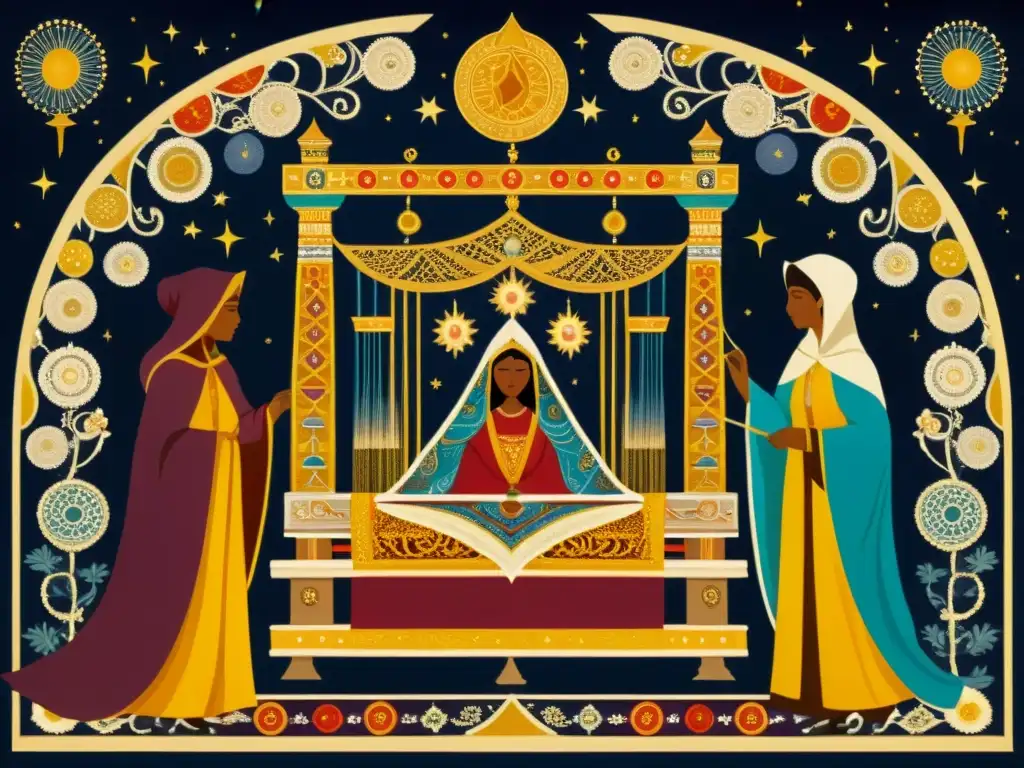 Antigua pintura detallada de tres figuras tejedoras del destino Antiguo cuadro de Moiras tejiendo el destino con símbolos de mitología, tiempo y eternidad en colores ricos y profundos