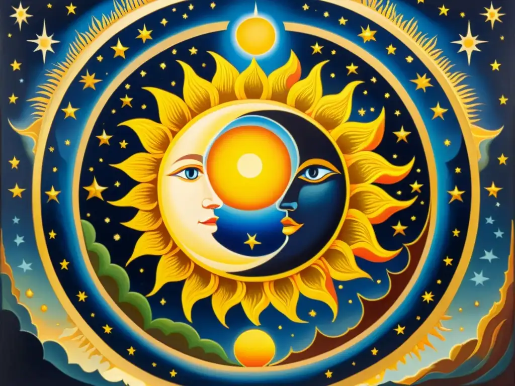Obra maestra celestial: Sol y Luna en un paisaje mítico Un antiguo cuadro de óleo que representa al sol y la luna como seres celestiales poderosos, rodeados de elementos míticos