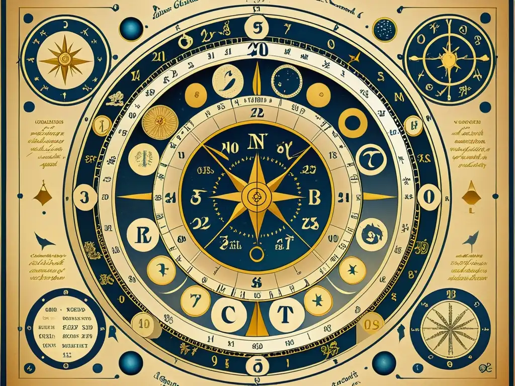 Un antiguo y detallado gráfico astrológico con símbolos zodiacales, exudando sabiduría atemporal y el impacto de la astrología