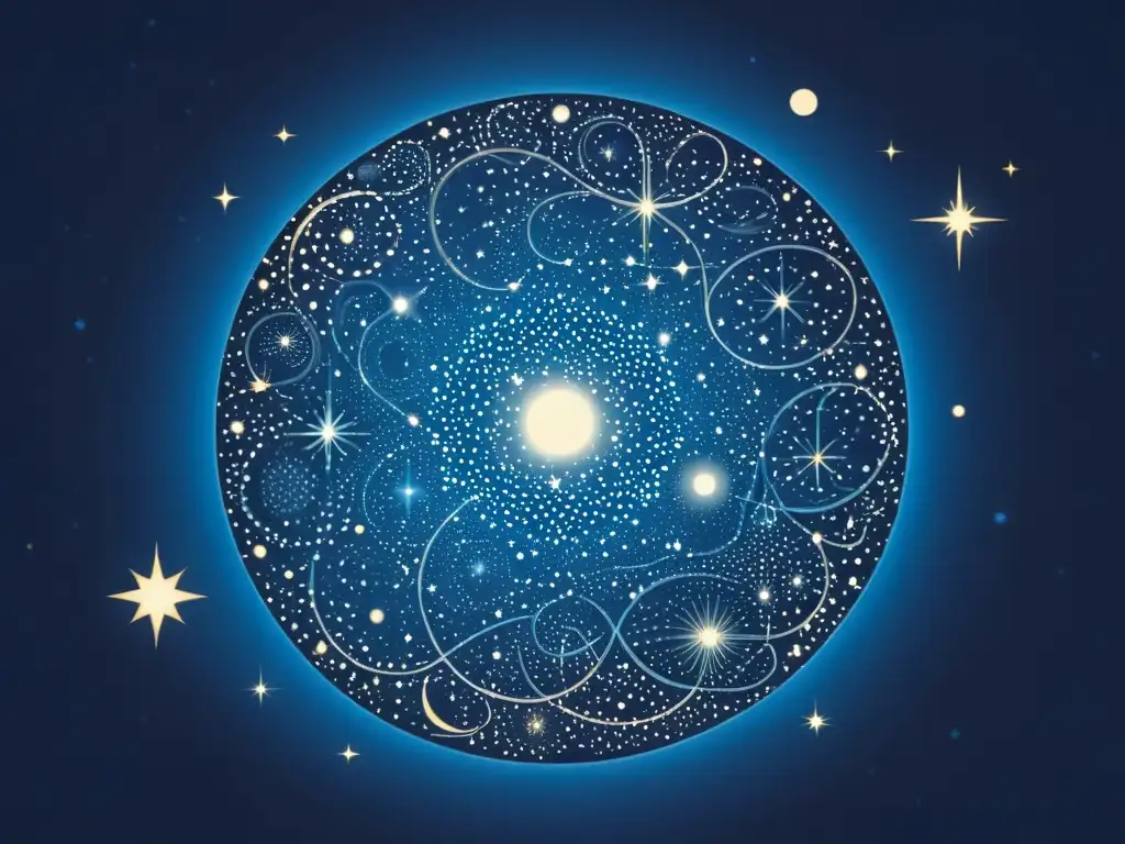 Un antiguo dibujo de la constelación Anuradha en el cielo nocturno, con patrones de estrellas intrincados y un resplandor celestial emanando de ellas