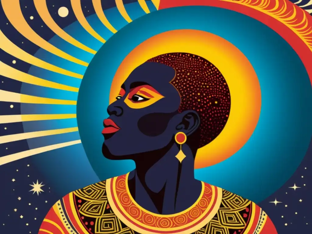 Un antiguo dibujo de una figura mitológica africana admirando un eclipse solar, con colores vibrantes y patrones intrincados