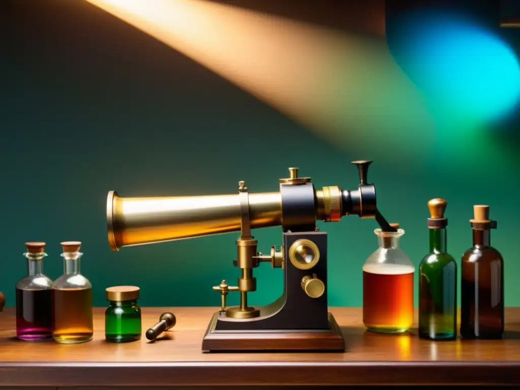 Antiguo espectroscopio en taller iluminado, rodeado de instrumentos científicos y botellas de líquidos coloridos