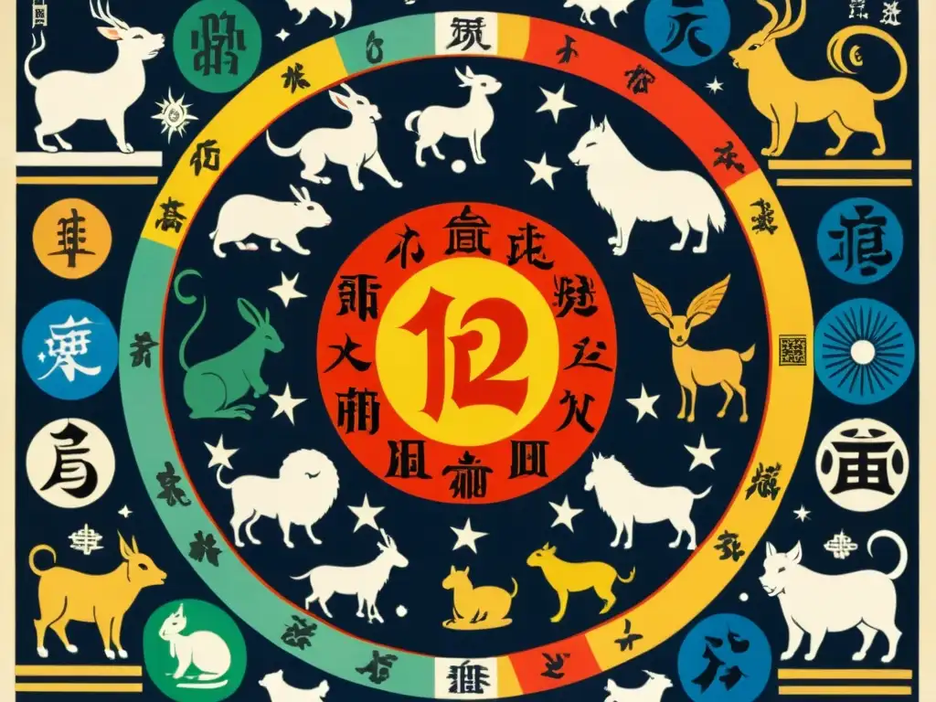 Un antiguo grabado japonés de los 12 animales del zodiaco, rodeados de motivos celestiales y kanji