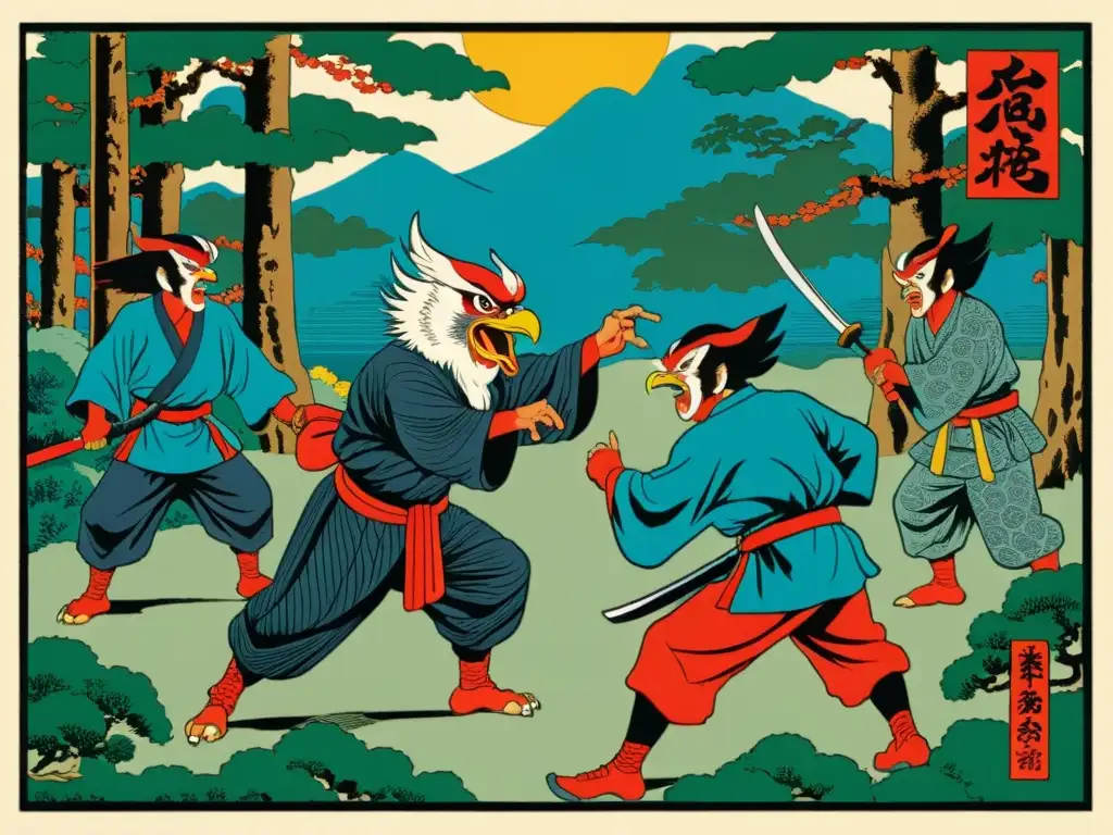 Un antiguo grabado japonés detalla tengu en un bosque, practicando artes marciales