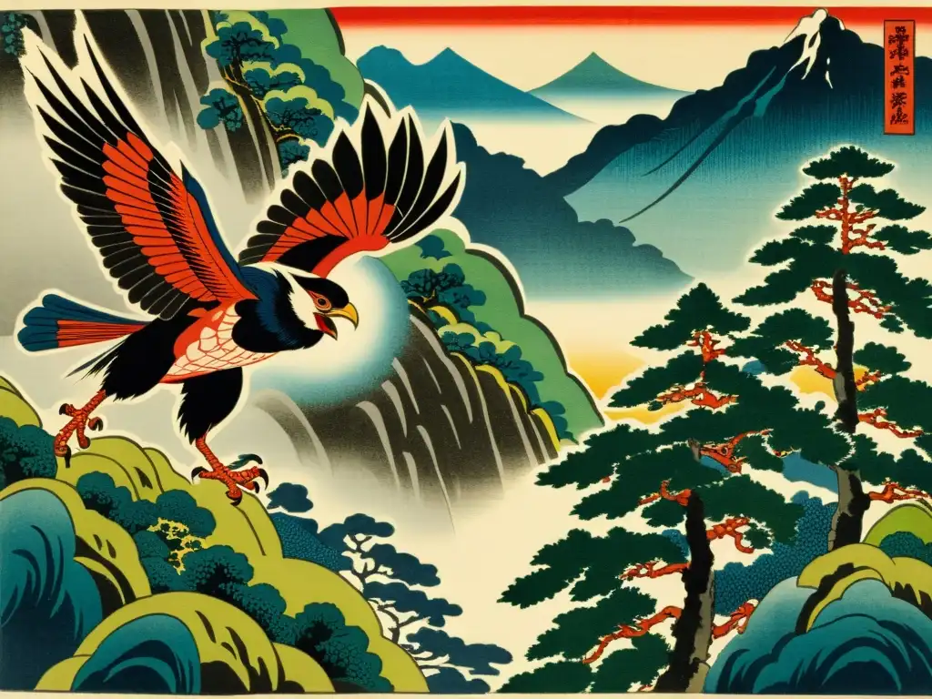 Un antiguo grabado japonés muestra a los Tengu en un paisaje neblinoso y boscoso, reflejando su significado en el zodiaco japonés