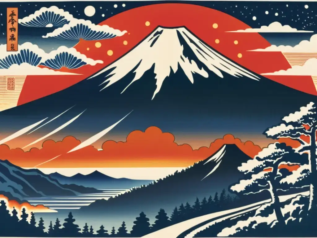 Un antiguo grabado de madera de Monte Fuji con una estrella amenazante en el cielo nocturno