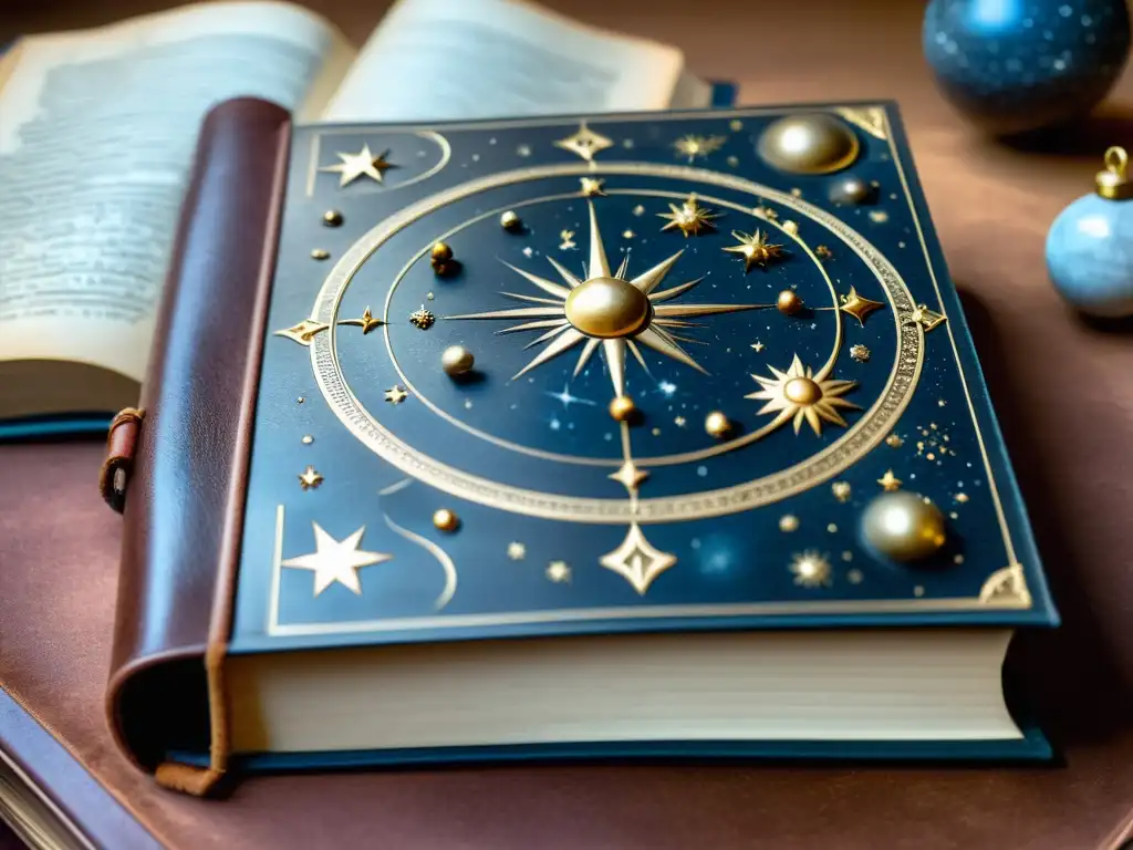 Antiguo libro de cuero con diseño astronómico envejecido, iluminado por lámpara vintage